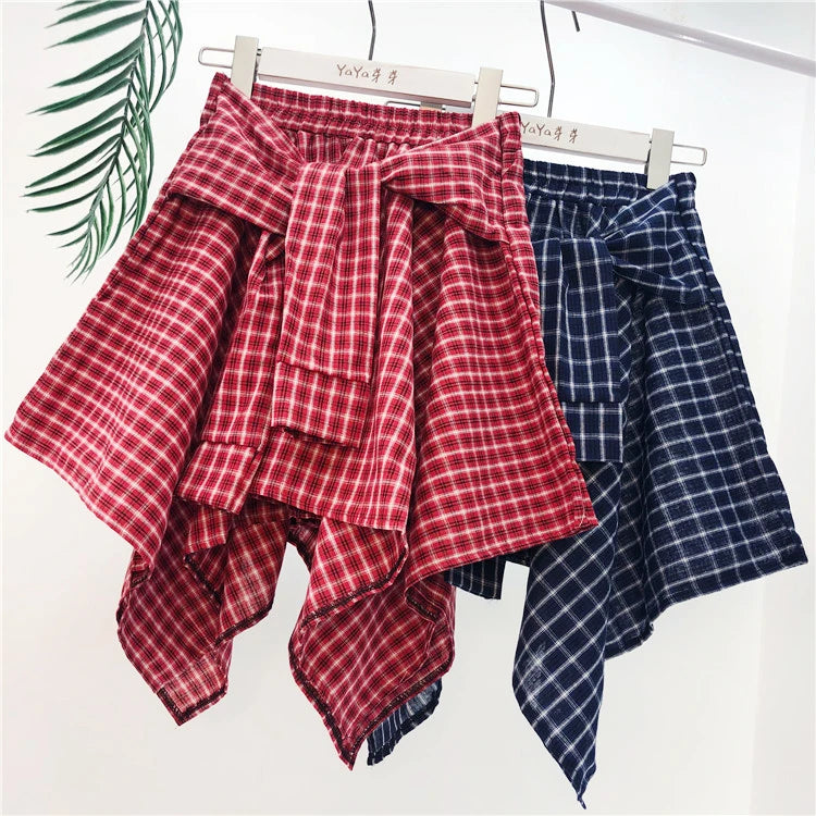 TOTRUST Fashion College Asymmetrical Skirt Women Summer Plaid Skirt Women Casual Students Fake Shirt Mini Skirt Female Saia