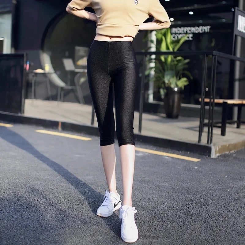 lady summer short pants women solid black shine breathable above knee short capris korean skinny neon pant