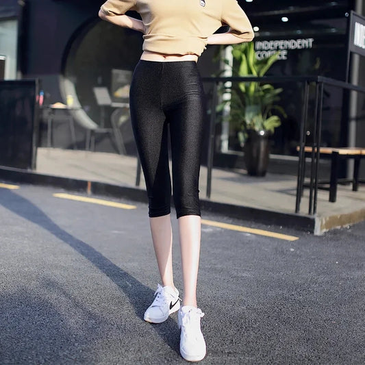 lady summer short pants women solid black shine breathable above knee short capris korean skinny neon pant