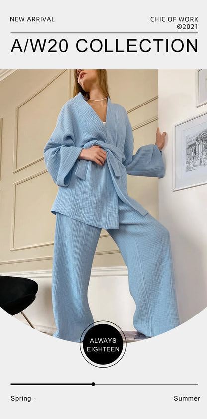 NHKDSASA Kimono Pajamas 2023 New 100% Cotton Crepe Long-Sleeved Trousers Ladies Sleepwear Suit Women's Home Service Mujer