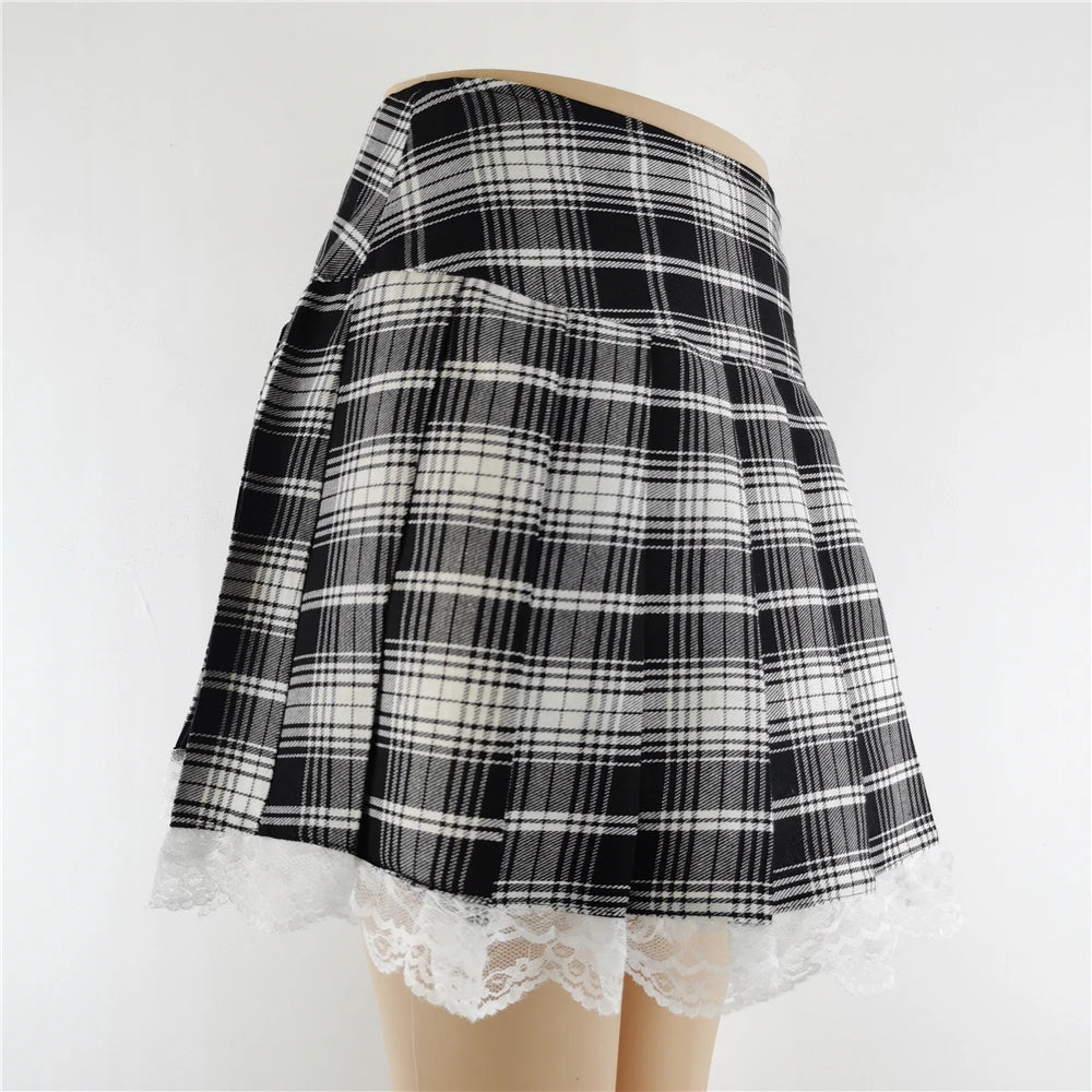 New Contrast Lace Plaid Pleated Skirt Vintage Sexy Skater Clothes Harajuku Gothic Punk England Style Y2k Skirt