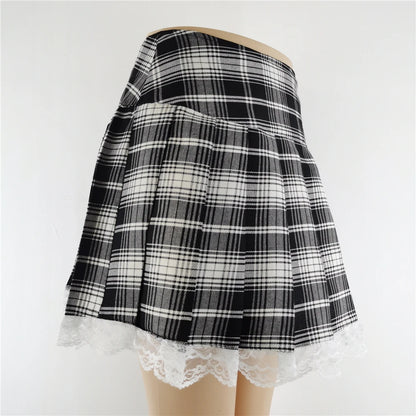New Contrast Lace Plaid Pleated Skirt Vintage Sexy Skater Clothes Harajuku Gothic Punk England Style Y2k Skirt