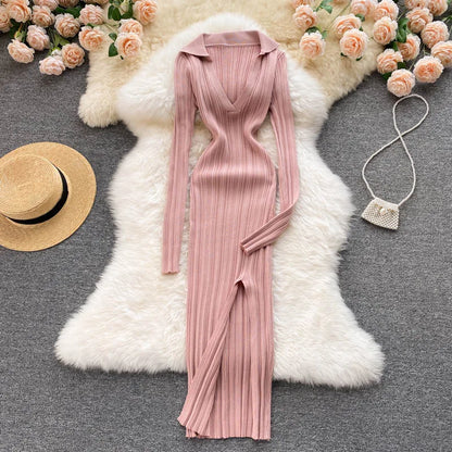 SINGREINY Women Korean Knitted Dress Long Sleeve V Neck Elastic Slim Pencil Dresses 2021 Autumn Sexy Bodycon Split Sweater Dress