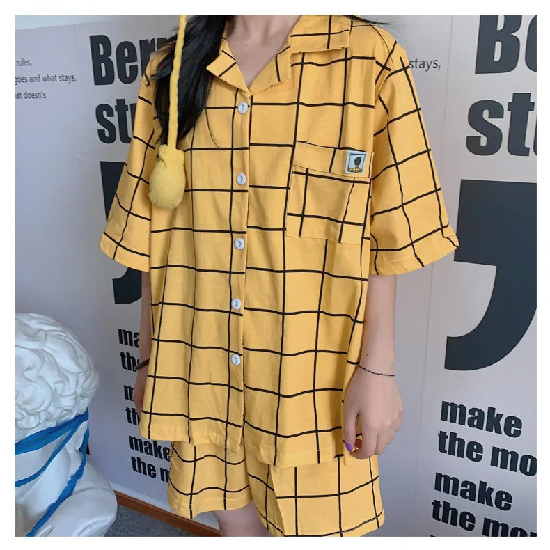 Women's Pyjamas Cute Lattice Print Pajama Sets Summer Casual Short Sleeve Couple Sleepwear Thin Cotton Home Maiden 2-piece Set