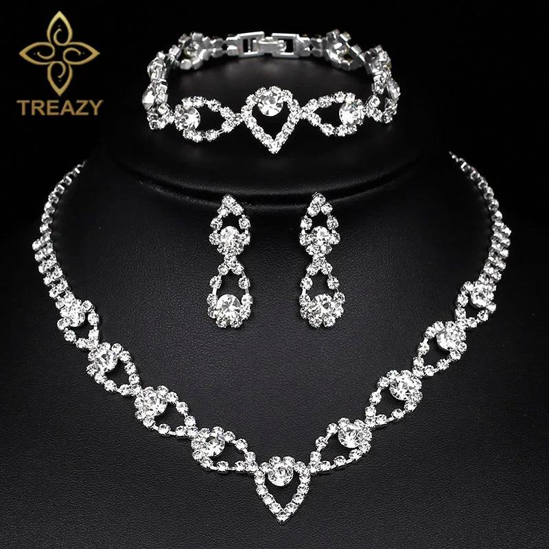 TREAZY Silver Color Rhinestone Crystal Bridal Jewelry Sets for Women Necklace Earrings Bracelet Set Wedding Jewelry Accessories style 19 Clear
