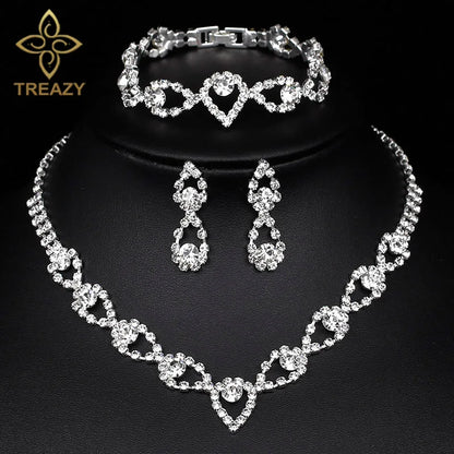 TREAZY Silver Color Rhinestone Crystal Bridal Jewelry Sets for Women Necklace Earrings Bracelet Set Wedding Jewelry Accessories style 19 Clear