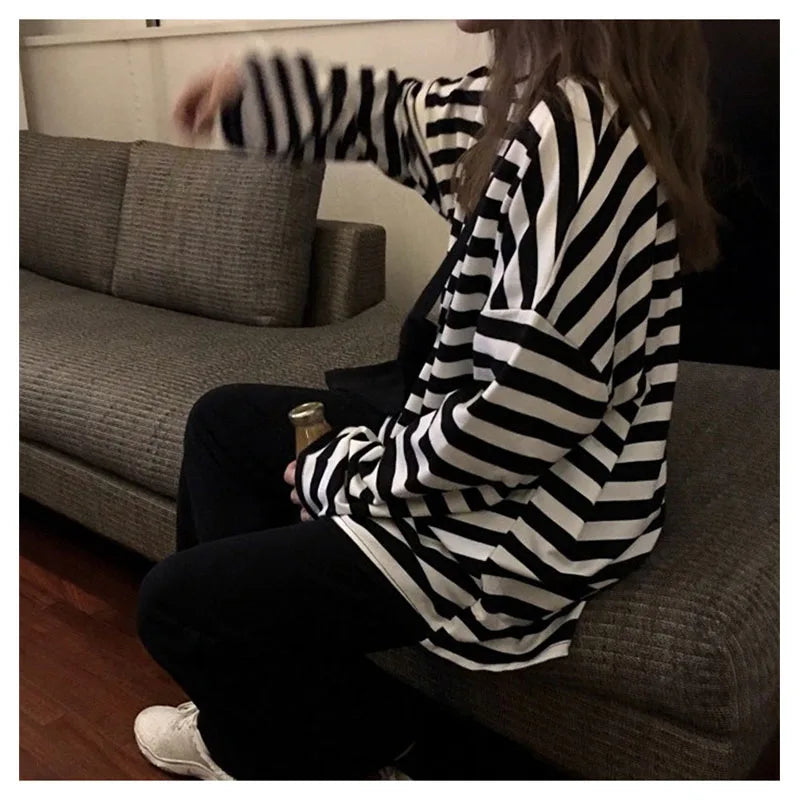 spring Autumn Women harajuku Striped Tshirt Long Sleeve O-Neck T-Shirts ulzzang Korean Casual T Shirt Femme black Tops
