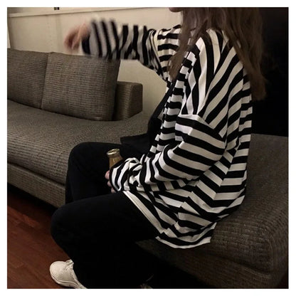 spring Autumn Women harajuku Striped Tshirt Long Sleeve O-Neck T-Shirts ulzzang Korean Casual T Shirt Femme black Tops