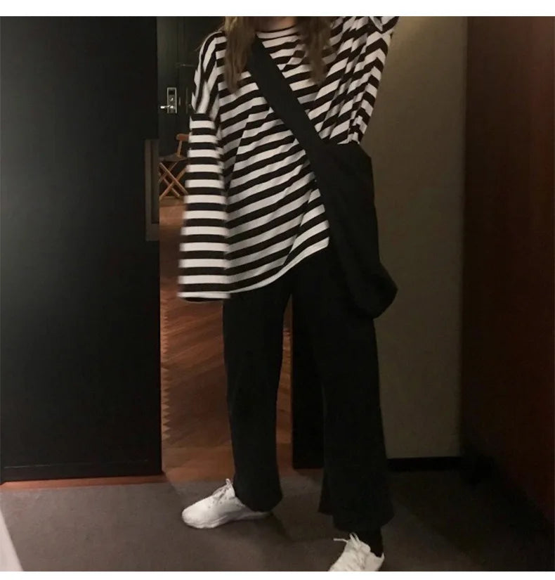 spring Autumn Women harajuku Striped Tshirt Long Sleeve O-Neck T-Shirts ulzzang Korean Casual T Shirt Femme black Tops