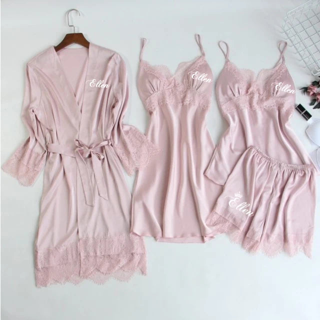 Personalized name Women Kimono Bathrobe Bride Bridesmaid Wedding Robe Set Lace Trim Sleepwear Casual Home Clothes Nightwear blush 4pcs set