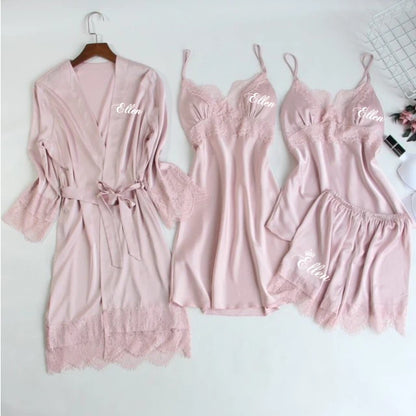 Personalized name Women Kimono Bathrobe Bride Bridesmaid Wedding Robe Set Lace Trim Sleepwear Casual Home Clothes Nightwear blush 4pcs set