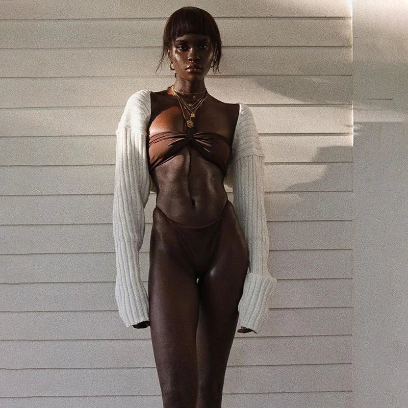 Tossy White Women Sweater Shrugs Cropped Top Full Lantern Sleeve Knitwear Pullover Sexy Summer High Street Outwear 2023 Spring