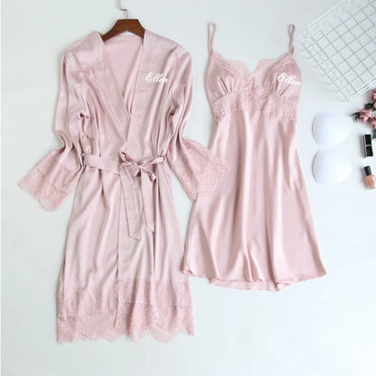 Personalized name Women Kimono Bathrobe Bride Bridesmaid Wedding Robe Set Lace Trim Sleepwear Casual Home Clothes Nightwear blush robe gown