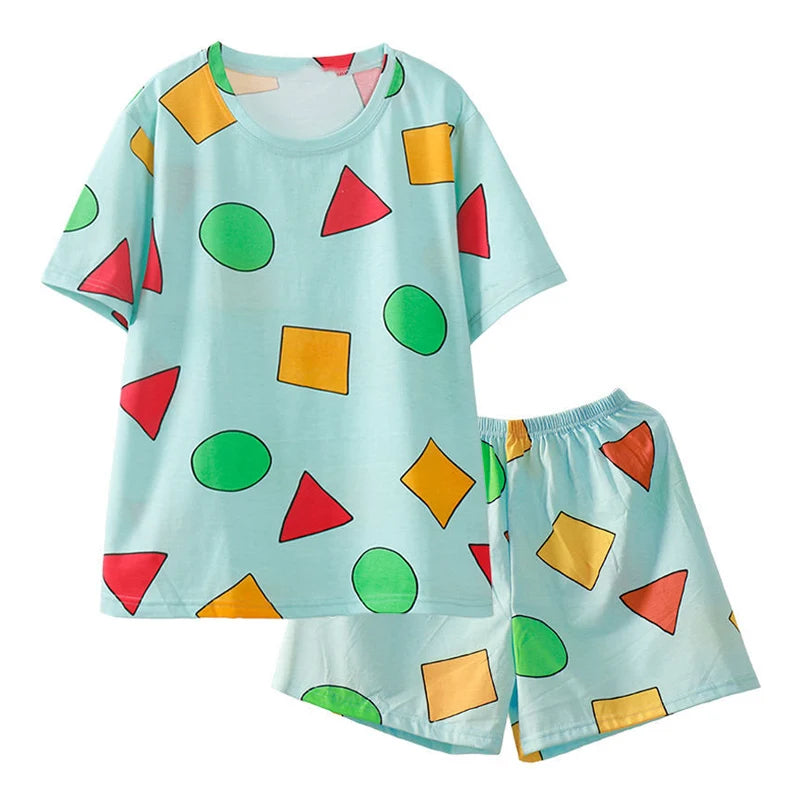 Summer Casual Couple Pajama Sets Lovely Cartoon Print Short Sleeve Sleepwear Pajamas Suit Daily Fashion Loose Homewear Nightgown blue2