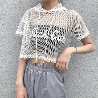 Womens Hollow Mesh Net Hooded T-Shirt Short Sleeve Tee Tops Transparent Black Swxy Clubwear Party
