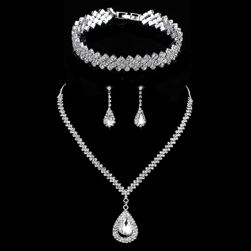 TREAZY Silver Color Rhinestone Crystal Bridal Jewelry Sets for Women Necklace Earrings Bracelet Set Wedding Jewelry Accessories style 12 Clear