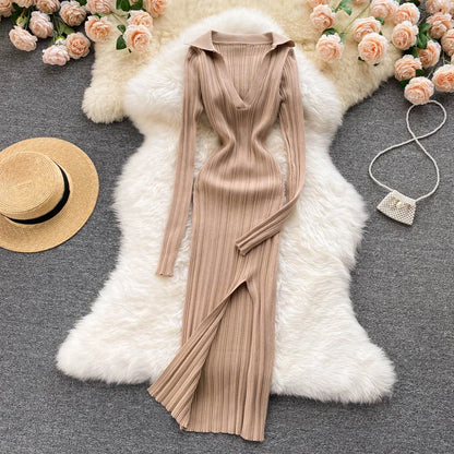 SINGREINY Women Korean Knitted Dress Long Sleeve V Neck Elastic Slim Pencil Dresses 2021 Autumn Sexy Bodycon Split Sweater Dress