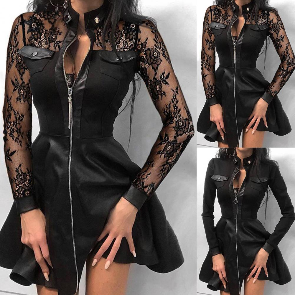 Women Long Sleeve Zipper Pocket Large Hem Faux Leather Lace Mini Dress Women's Clothing Elegant Fashion Party Dress vestidos 5XL