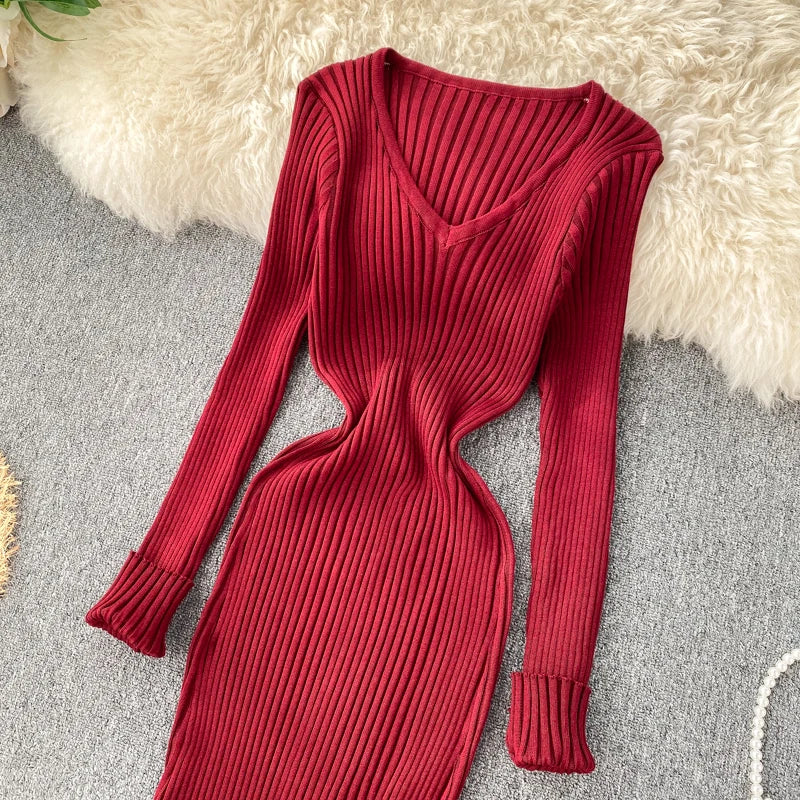 SINGRAIN Women Autumn Knitted Dress V Neck Sexy Slim Elastic Oversized Basic Bodycon Long Dress Winter knit Warm Sweater Dresses
