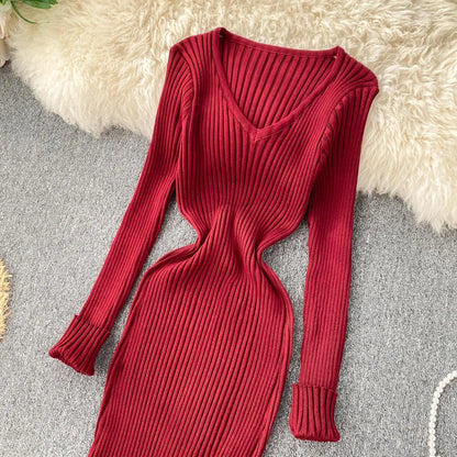 SINGRAIN Women Autumn Knitted Dress V Neck Sexy Slim Elastic Oversized Basic Bodycon Long Dress Winter knit Warm Sweater Dresses