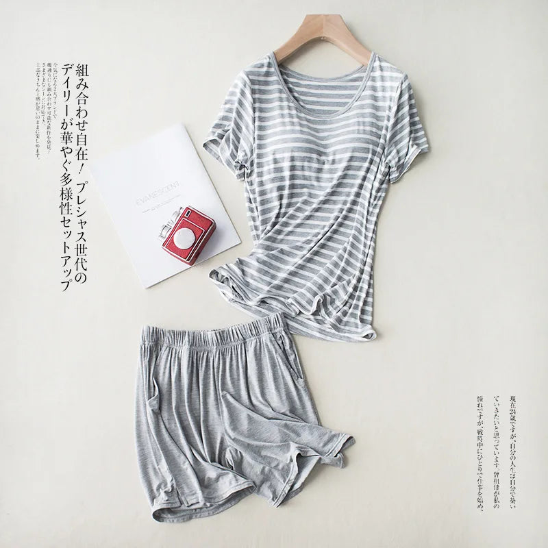New Modal Lady Short Sleeve Pajamas Set with Bra Pad Bra One Piece Half Sleeve Shorts Striped Loose Large Size Home Wear Set gray