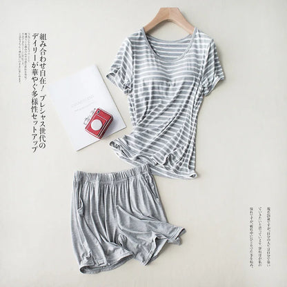 New Modal Lady Short Sleeve Pajamas Set with Bra Pad Bra One Piece Half Sleeve Shorts Striped Loose Large Size Home Wear Set gray