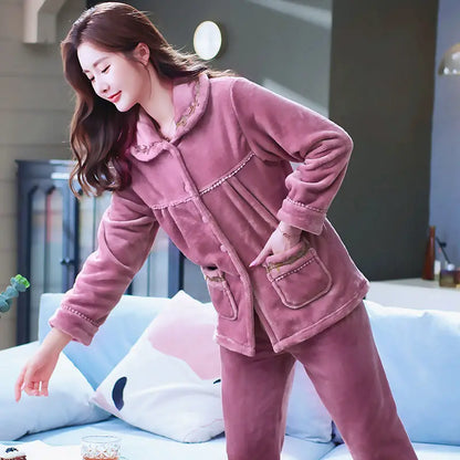Autumn Winter Thicken Flannel Women Pajamas Set Two-piece suit Warm Loose Long-sleeve Female Casual Home service Single-breasted Rose Bean Paste B