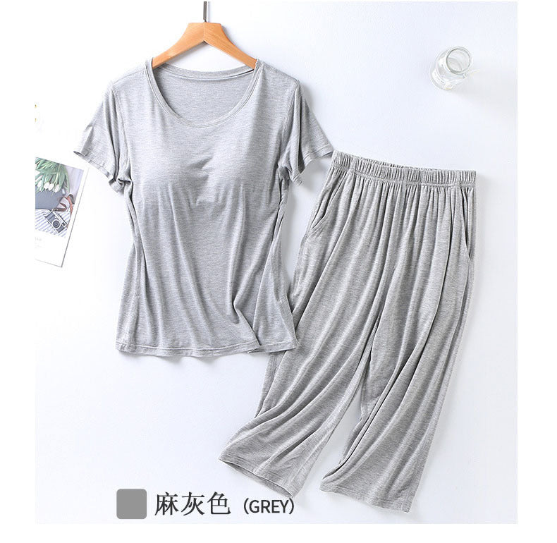 2025 summer new ladies modal pajamas two-piece suit with chest pad short-sleeved cropped trousers plus size home service set