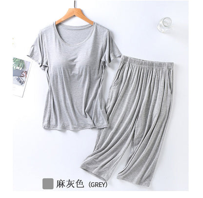 2025 summer new ladies modal pajamas two-piece suit with chest pad short-sleeved cropped trousers plus size home service set