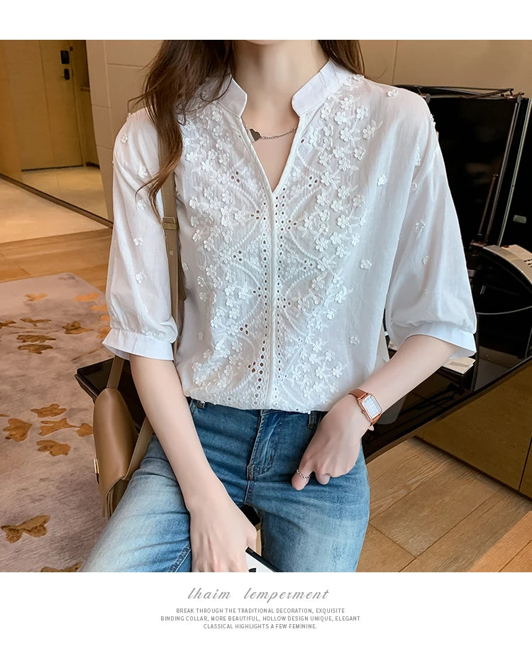 Summer Floral Embroidery Lace Blouse Fashion Women V Neck Casual Shirt Chic Short Sleeve Hollow Out Tops Elegant Blusas 24350