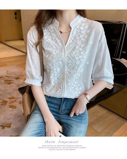 Summer Floral Embroidery Lace Blouse Fashion Women V Neck Casual Shirt Chic Short Sleeve Hollow Out Tops Elegant Blusas 24350