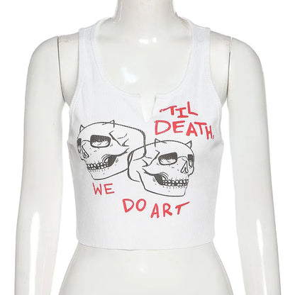 Square Collar Trendy Letter Print With Pin Buckles Tank Tops Women Skull Printed Casual Stretchy Sleeveless Crop Top