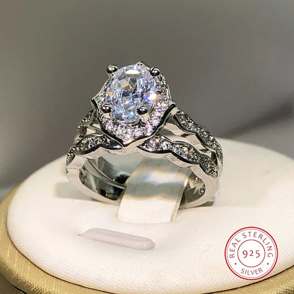 925 Silver New Arrival Four Claw Round Zircon Double Rings For Ladies Party Birthday Jewelry Gift