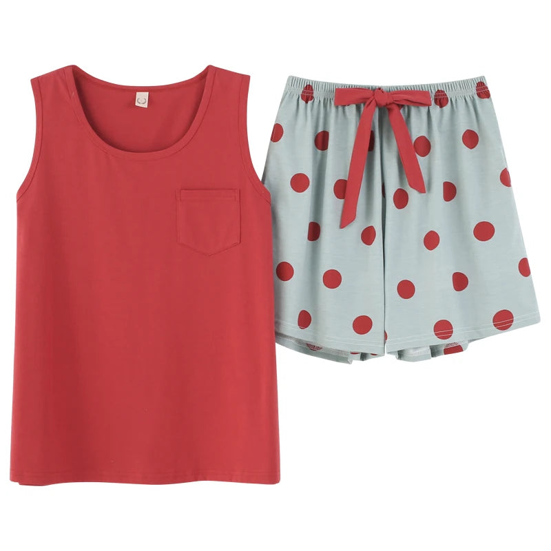 Women Pajamas Set Summer Sexy Sleepwear Sleeveless Lingerie Cotton O-Neck Pure Color Vest + Print Shorts 2 Piece Sets 4XL пижама Y1865