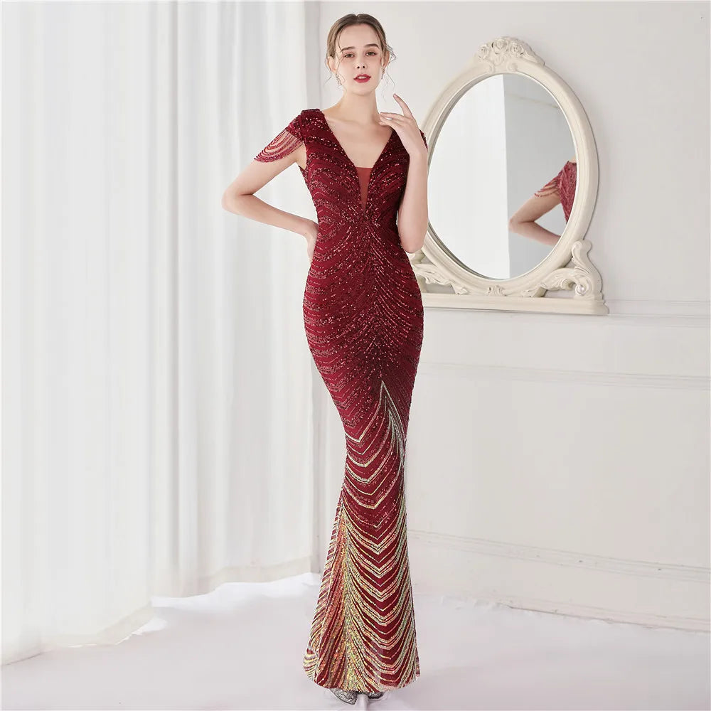 DEERVEADO Elegant V Neck Mermaid Evening Dress Long Luxury Beads Women Evening Party Dresses 2025 New Formal Dress 19085 Badiee Stylez