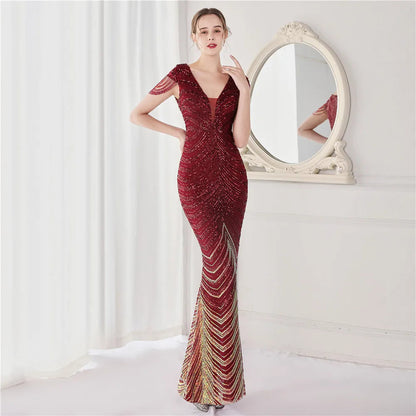 DEERVEADO Elegant V Neck Mermaid Evening Dress Long Luxury Beads Women Evening Party Dresses 2025 New Formal Dress 19085 Badiee Stylez