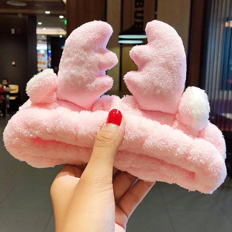 Wash Face Hair Holder Hairbands Soft Warm Coral Fleece Bow Animal Ears Headband For Women Girls Turban Fashion Hair Accessories pink antlers