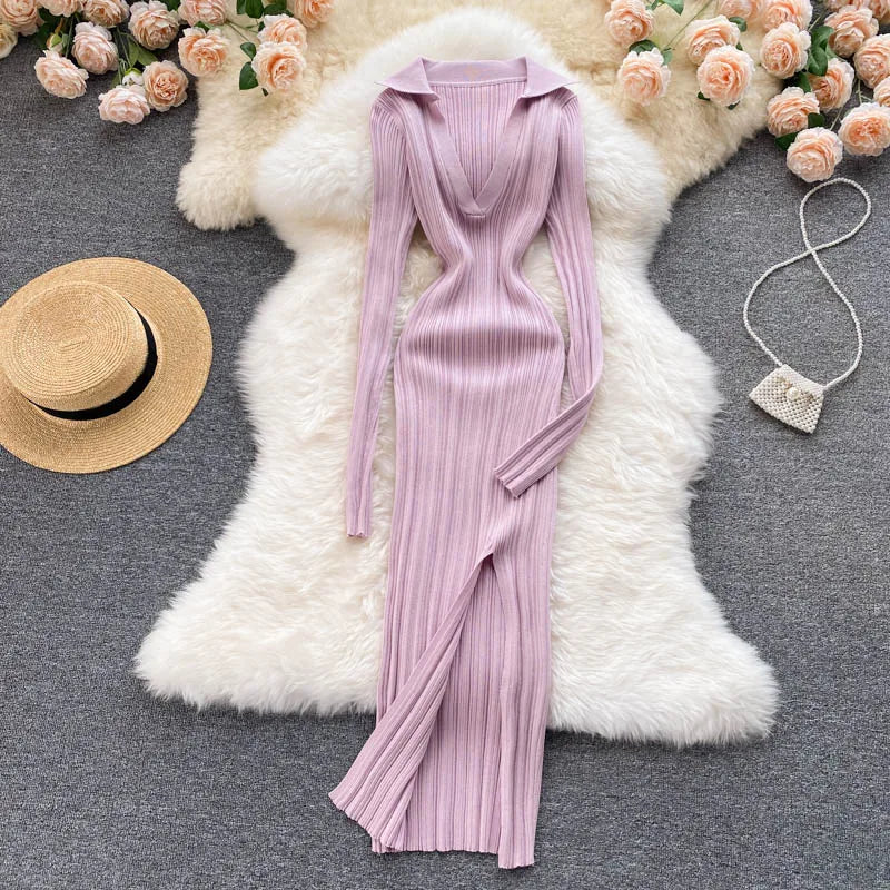 SINGREINY Women Korean Knitted Dress Long Sleeve V Neck Elastic Slim Pencil Dresses 2021 Autumn Sexy Bodycon Split Sweater Dress