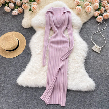 SINGREINY Women Korean Knitted Dress Long Sleeve V Neck Elastic Slim Pencil Dresses 2021 Autumn Sexy Bodycon Split Sweater Dress