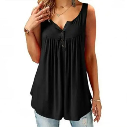 Hot Women Tank Top Loose Solid U Neck Female Camisole Sleeveless Pleated Tank Top Ladies Button 2020 summer women Loose Vest black