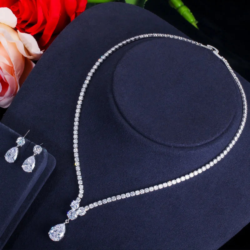 CWWZircons Fashion Cubic Zirconia Water Drop Pendant Necklace and Earrings Bridal Wedding Jewelry Sets for Brides Party T397