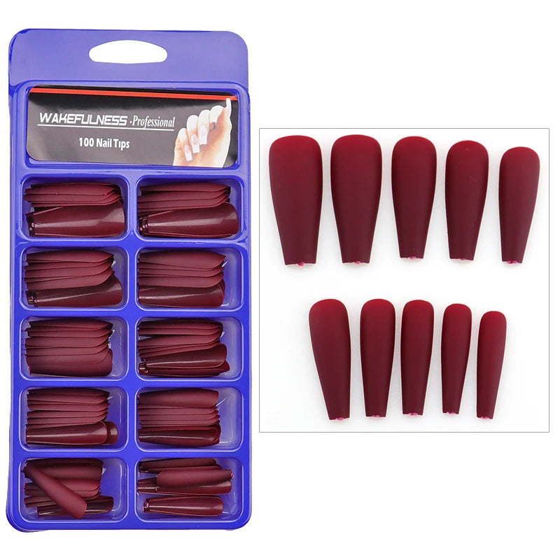 WAKEFULNESS 100Pcs/Set Matte Fake Nail Art Tips Long Ballerina Coffin Nails ABS Full Cover Fasle Nails Tools Manicure 523