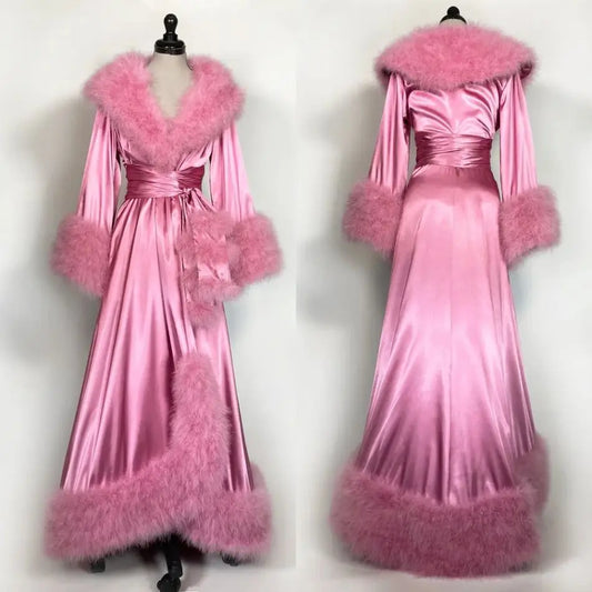 Women's Bathrobe Evening Dresses Feather Elastic Silk Pink Nightgown Pajamas Sleepwear Lingerie Women Occasions Gowns Housecoat Badiee Stylez