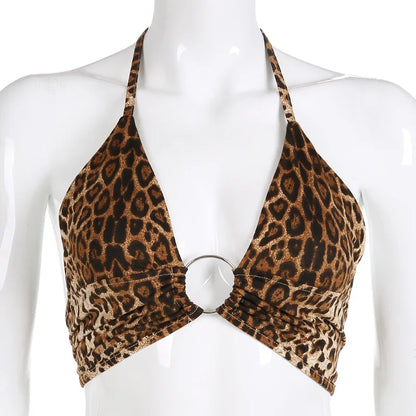 Leopard Printed Sexy Halter Crop Top Women Camis Backless Bandage Lace Up Sequins Metal Ring Tank Top 2020 Party Club Bustier