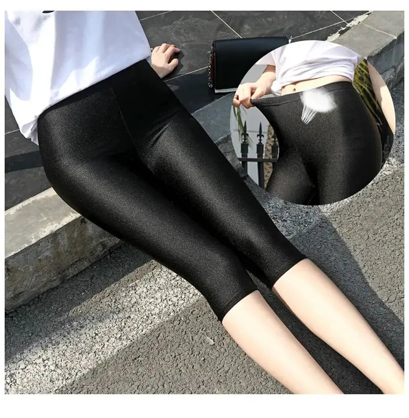 lady summer short pants women solid black shine breathable above knee short capris korean skinny neon pant