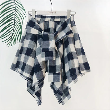 TOTRUST Fashion College Asymmetrical Skirt Women Summer Plaid Skirt Women Casual Students Fake Shirt Mini Skirt Female Saia