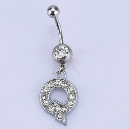 1Pc Letter Belly Button Ring Rhinestone Alphabet Pendant Navel Body Piercing Jewelry Silver Colour Nombril Piercing Gift Women Q