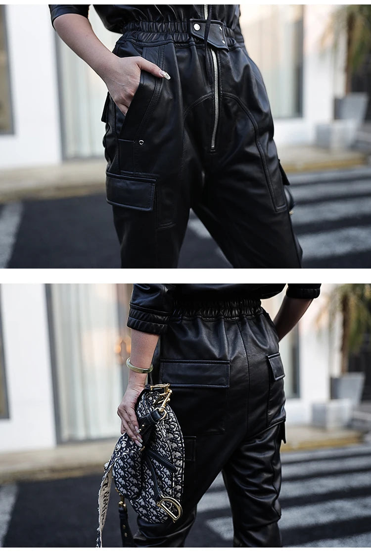 Nerazzurri Autumn Black Soft Faux Leather Cargo Jumpsuit Women Long Sleeve Zipper Luxury Designer Clothes 5xl 6xl 7xl Badiee Stylez