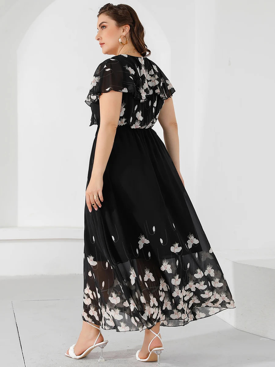 Plus Size Casual Women's Dresses 2024 Summer Ruffles V Neck Short Sleeve Floral Maxi Long Dress Black Chiffon Boho Beach Dresses
