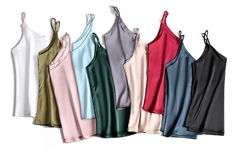 Spaghetti Strap Top Women Halter V Neck Basic White Cami Sleeveless Satin Silk Tank Tops Women'S Summer 2025 Camisole